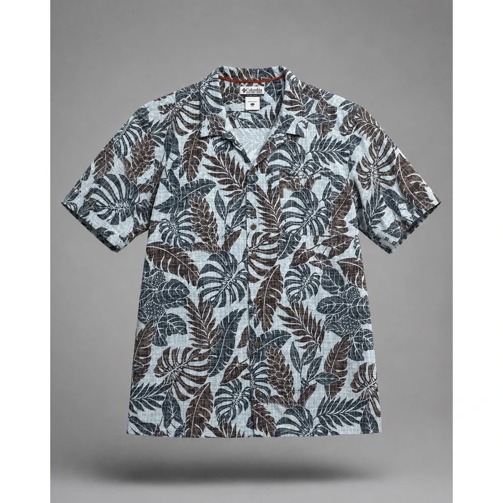Columbia Mens XL‎ Tropical Monstera Palm Leaf Print Button Up Shirt Blue AM7230